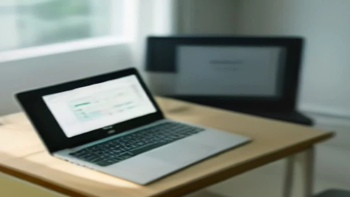 Minimal desk with a laptop and a smartphone showing an abstract rising line chart