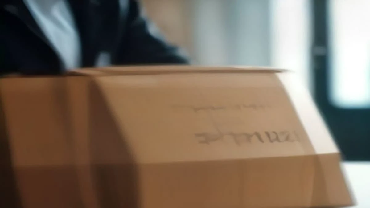 Illustration: shallow depth of field close-up of a courier scanning a parcel at a bright logistics counter, overcast diffused light