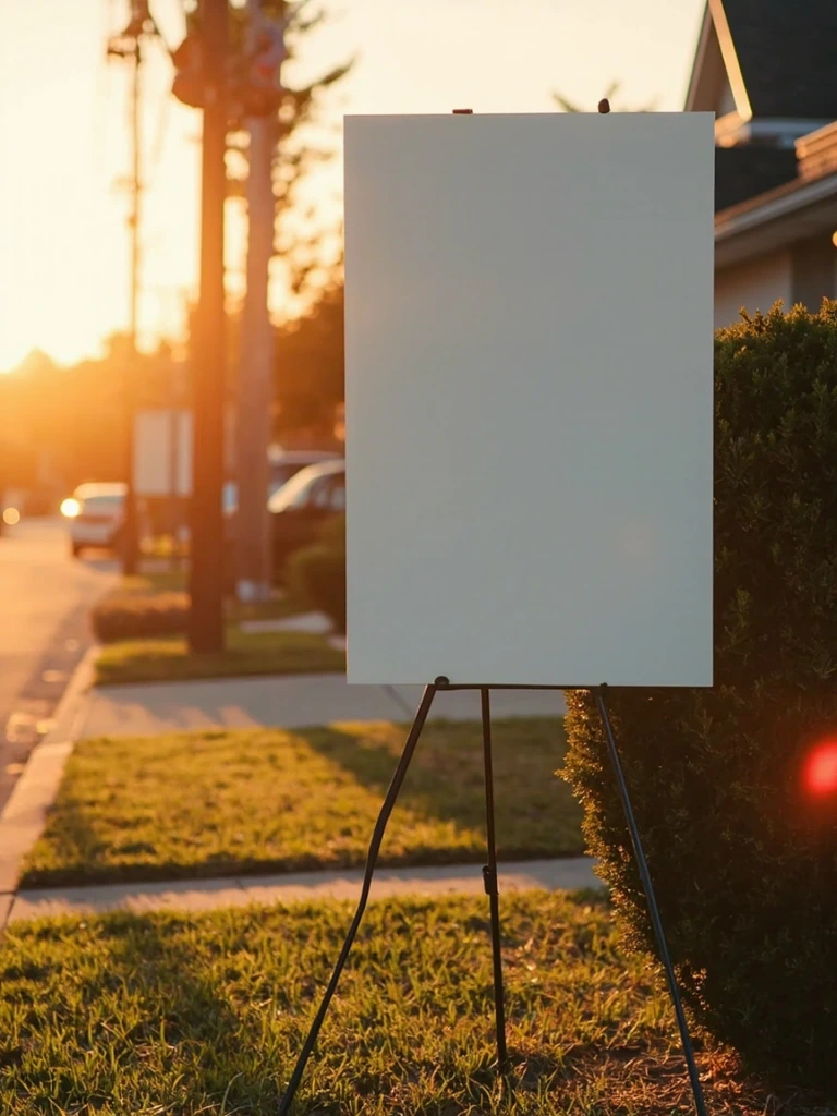 Open-house poster rider on an easel in front of a home